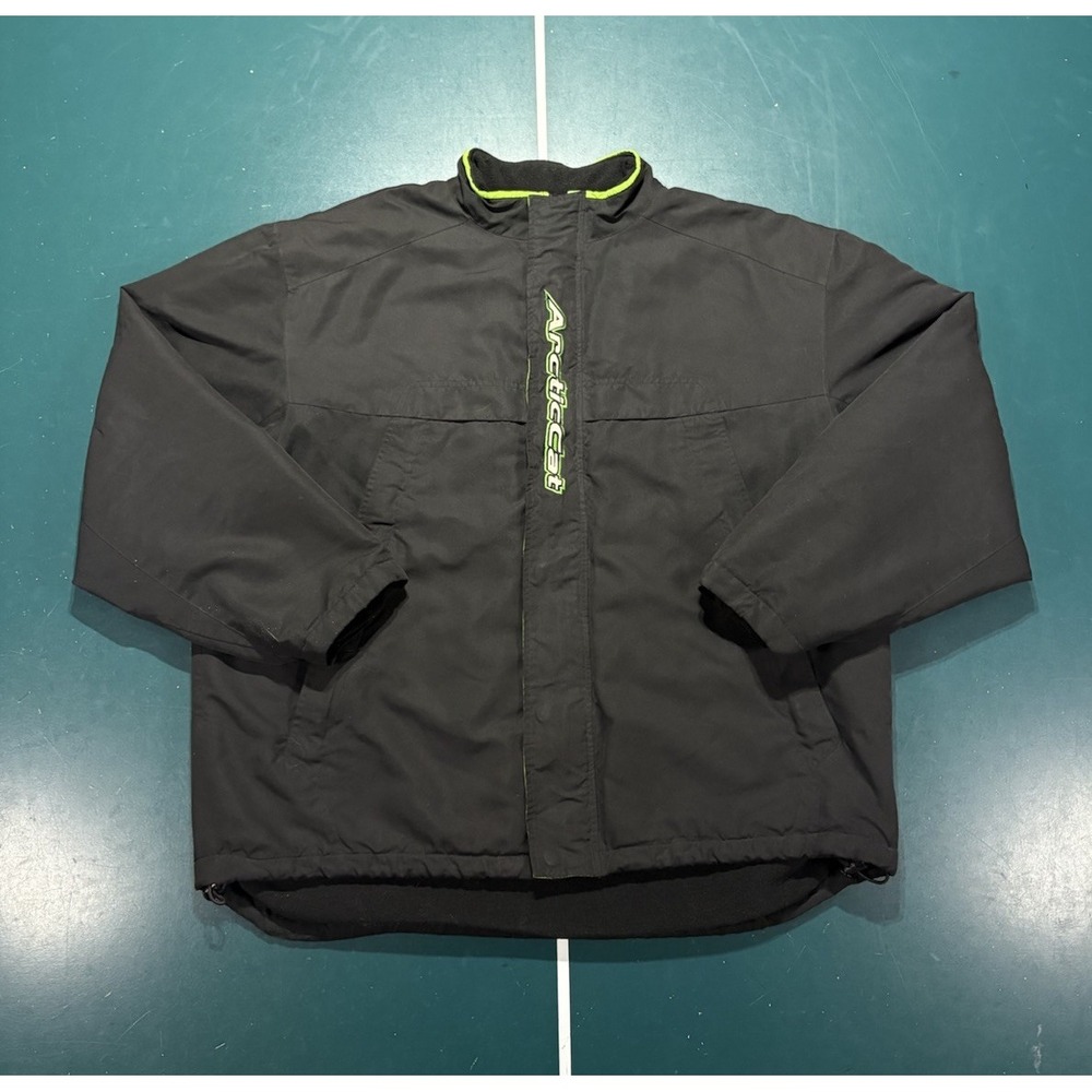 Vintage Arctic Cat Jacket Men's Large Black Green Snowmobile Fleece Lined 90s